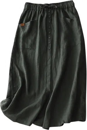 Womens Summer Cotton Linen Midi Skirt Fashion Front Split Elastic Waist Long Skirts with Pockets