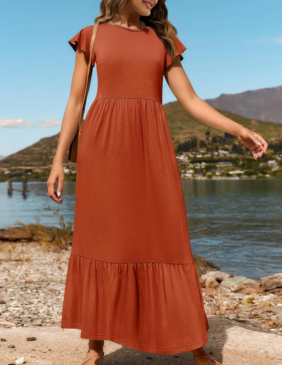 Women's Summer Dress Crew Neck Short Sleeve Dresses Casual Midi Dresses Smocked Elastic Waist Tiered A-Line Dress