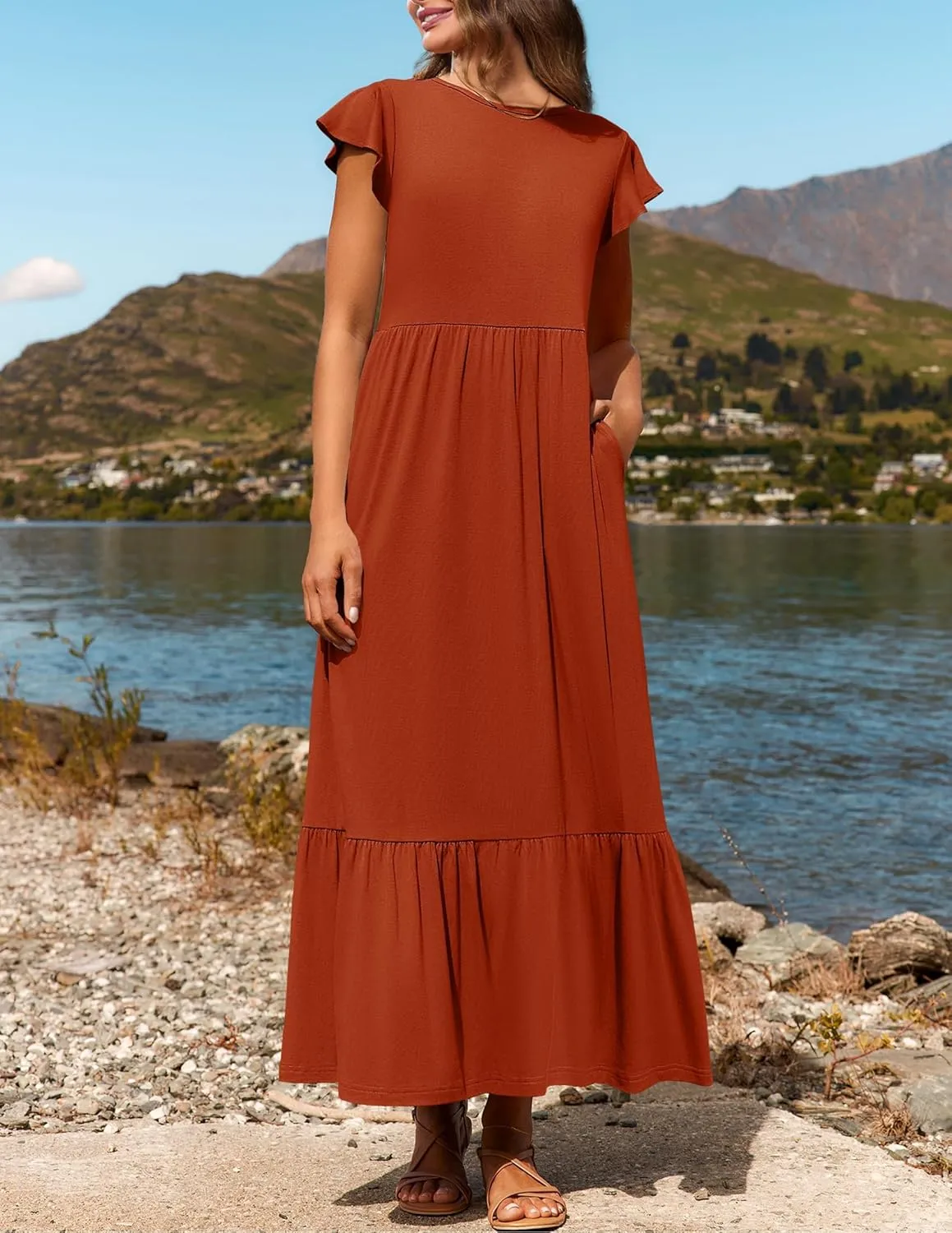 Women's Summer Dress Crew Neck Short Sleeve Dresses Casual Midi Dresses Smocked Elastic Waist Tiered A-Line Dress