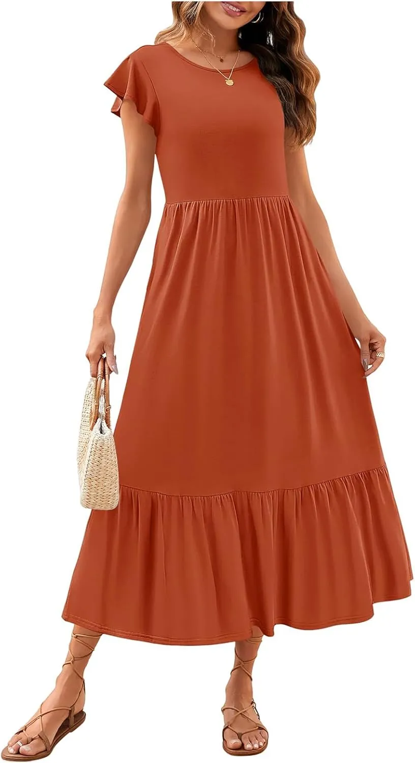 Women's Summer Dress Crew Neck Short Sleeve Dresses Casual Midi Dresses Smocked Elastic Waist Tiered A-Line Dress