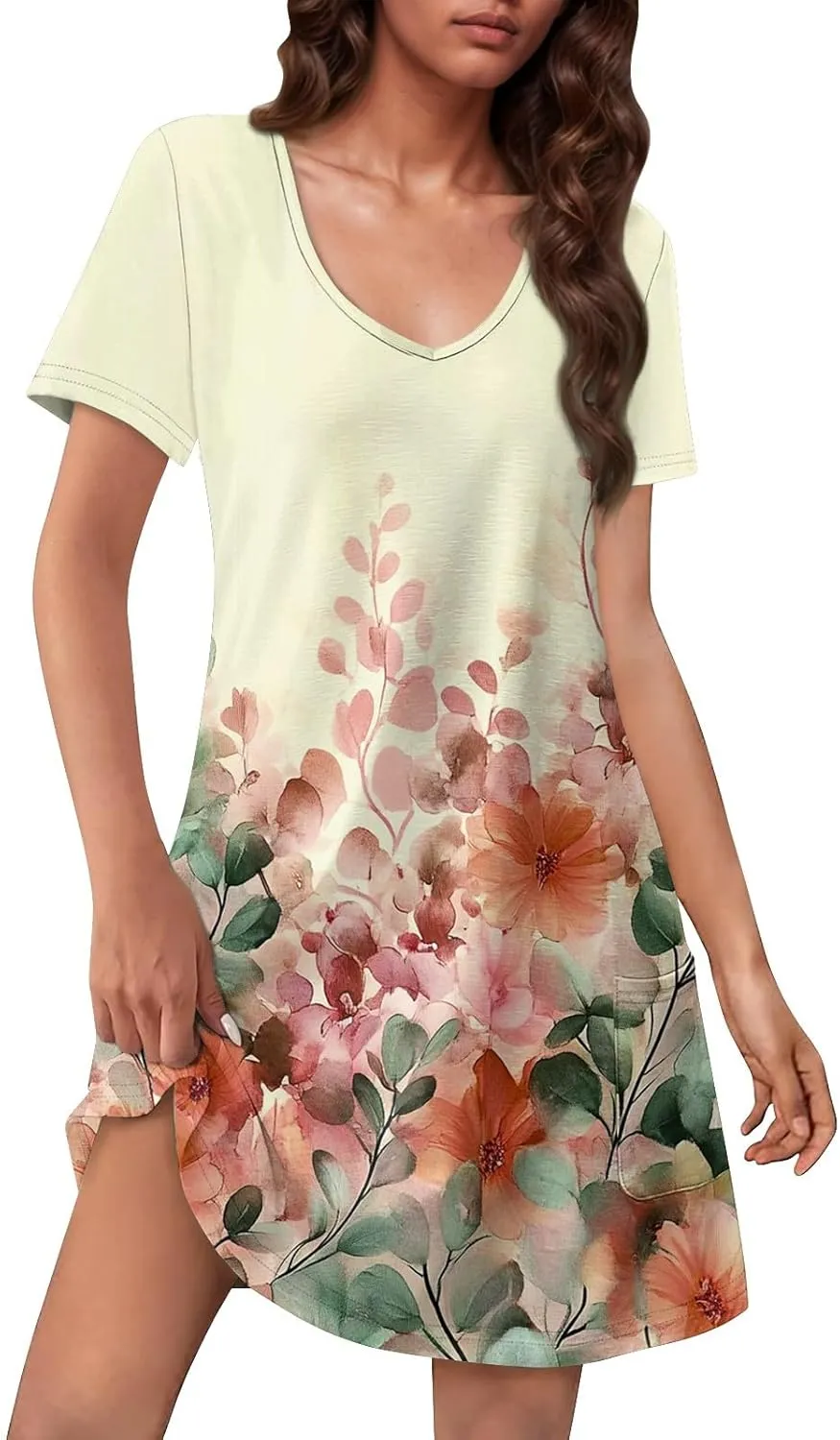 Womens Summer Dresses Short Sleeve V Neck Trendy Casual Boho T Shirt Dress for Women with Pockets