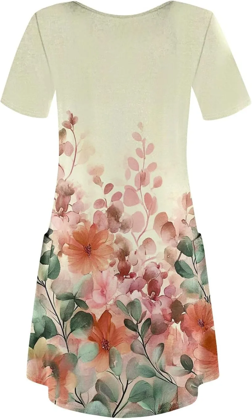 Womens Summer Dresses Short Sleeve V Neck Trendy Casual Boho T Shirt Dress for Women with Pockets