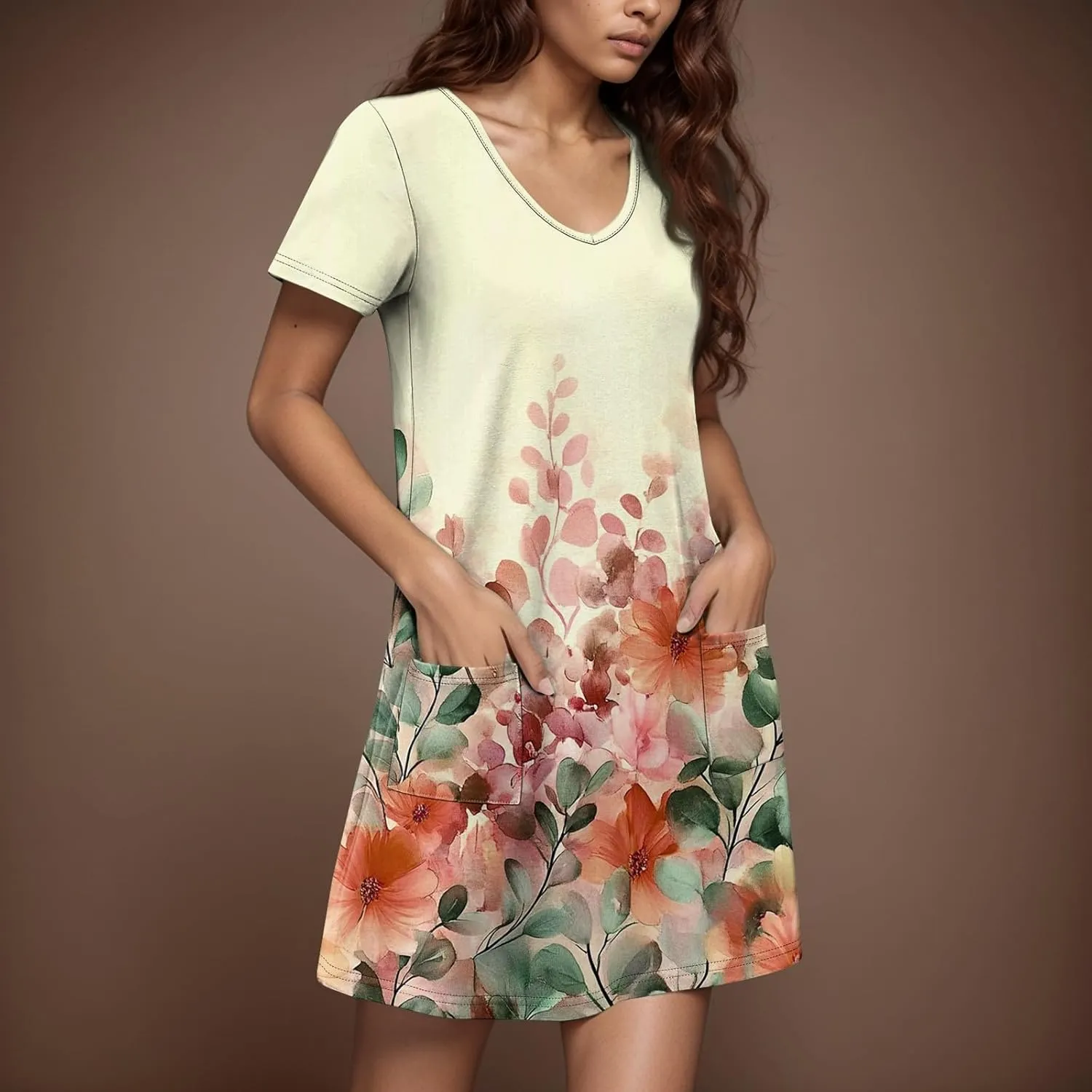 Womens Summer Dresses Short Sleeve V Neck Trendy Casual Boho T Shirt Dress for Women with Pockets