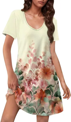 Womens Summer Dresses Short Sleeve V Neck Trendy Casual Boho T Shirt Dress for Women with Pockets