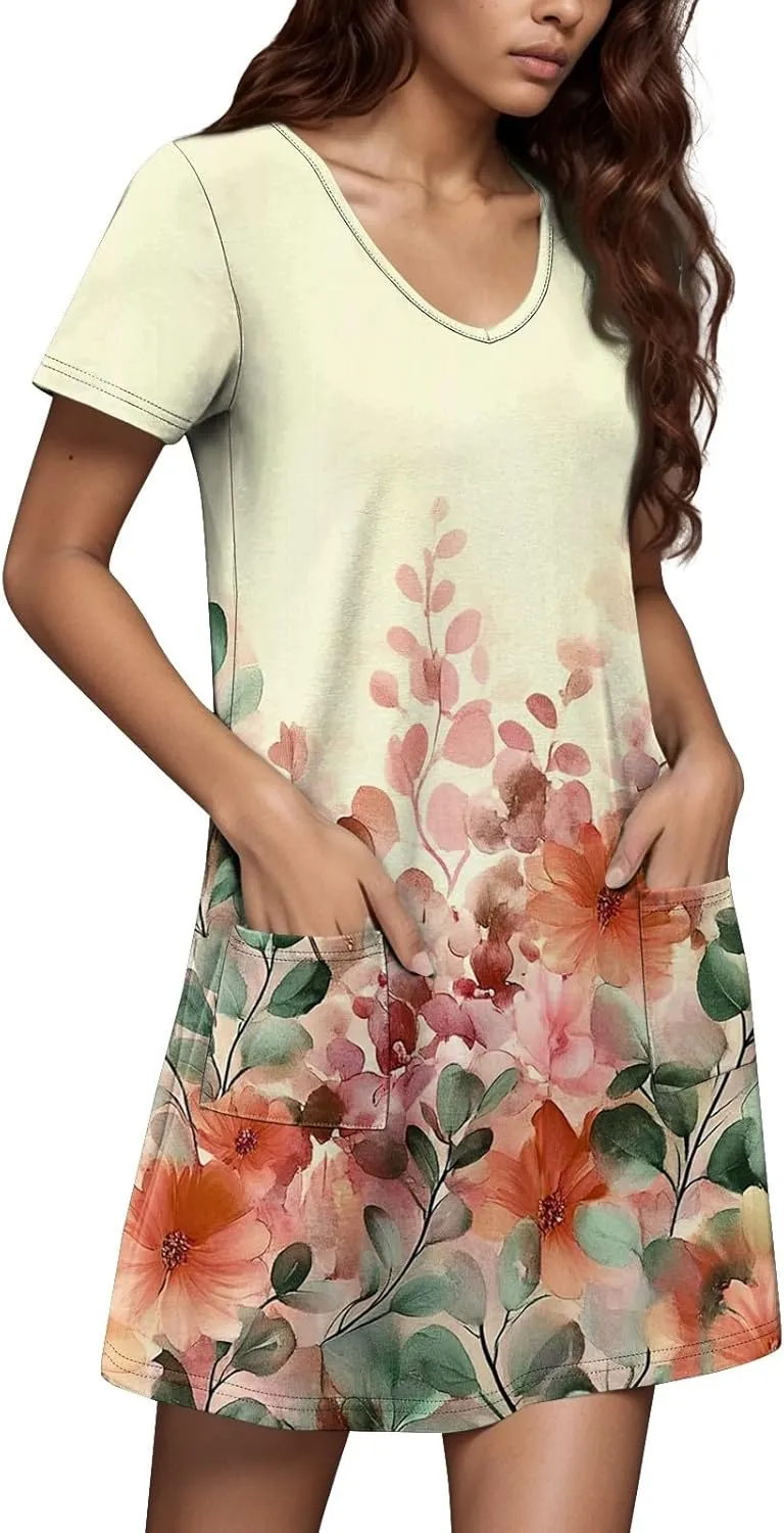 Womens Summer Dresses Short Sleeve V Neck Trendy Casual Boho T Shirt Dress for Women with Pockets