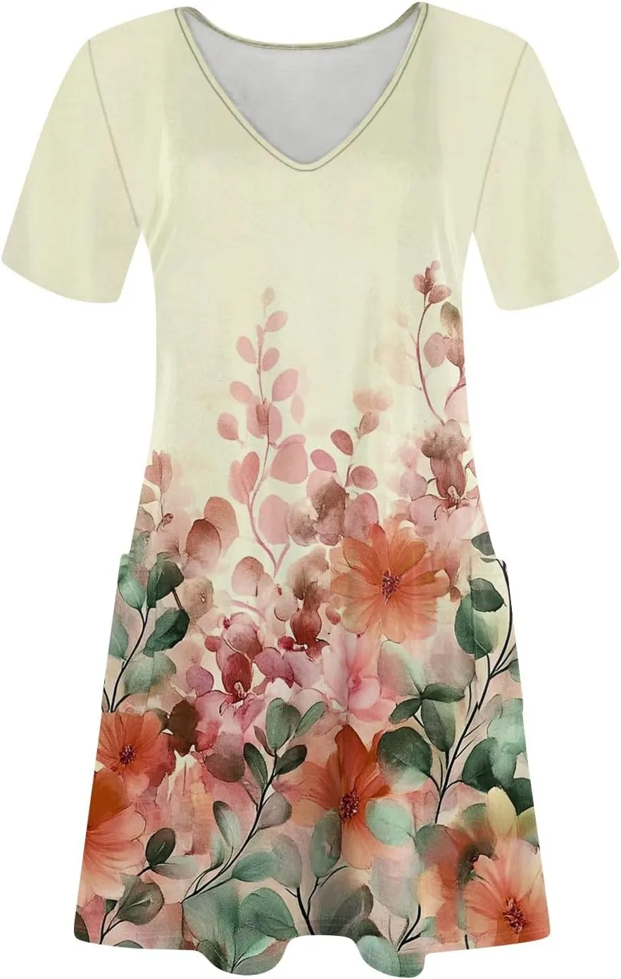 Womens Summer Dresses Short Sleeve V Neck Trendy Casual Boho T Shirt Dress for Women with Pockets
