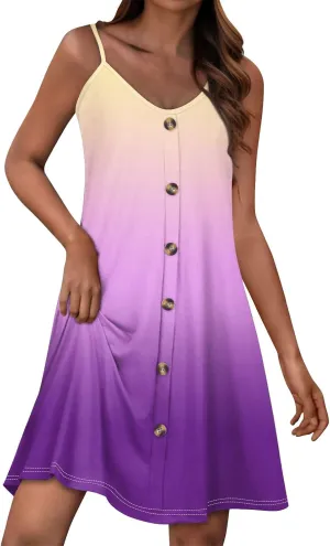 Womens Summer Dresses Spaghetti Strap Button Sleeveless Beach Cover Up Casual Beach Sundresses Solid Flowy Mini Dress