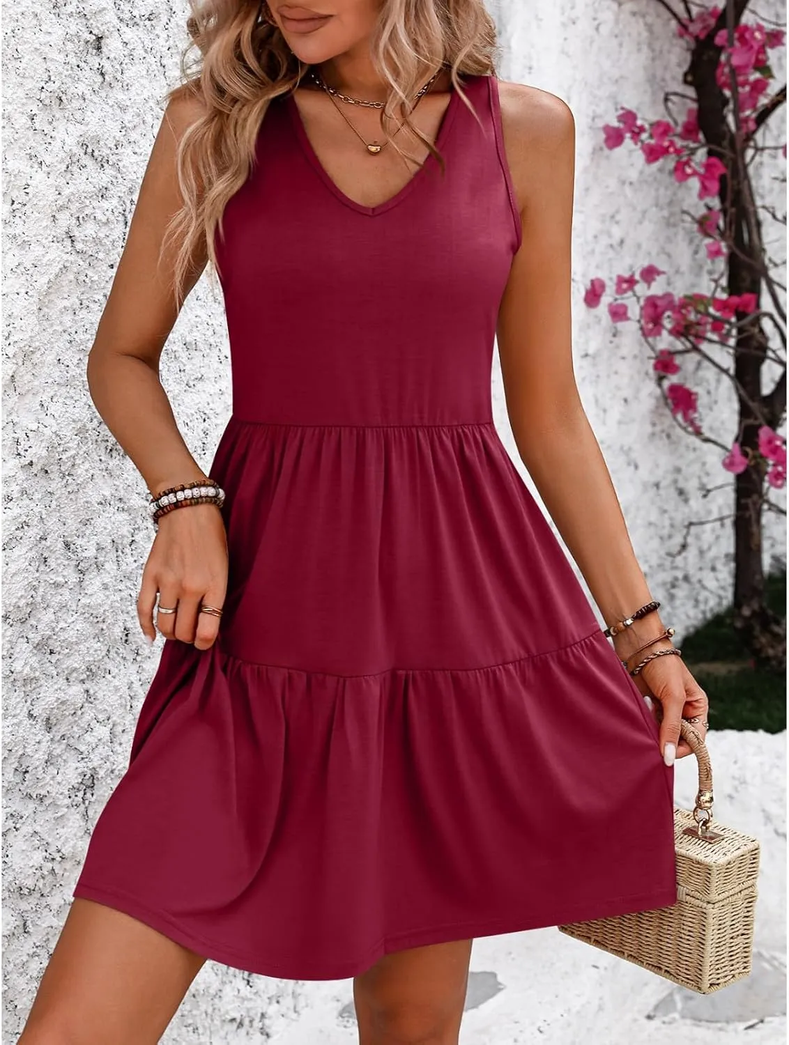 Womens Summer Dresses Sundresses Dresses Sleeveless Tank Dress Solid Plain Classy Mini Pleated Dress