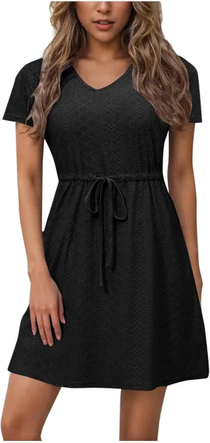 Womens Summer Eyelet Dresses Short Sleeve V Neck Drawstring Waist Dress Casual Swing Mini Dress A Line Wrap Sundress