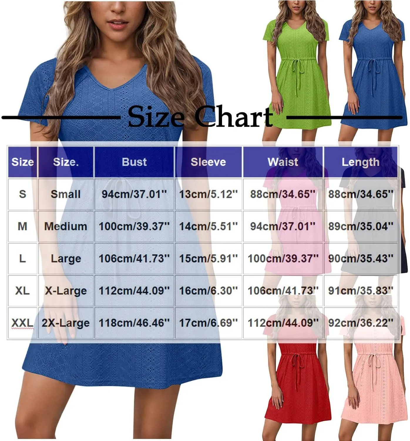 Womens Summer Eyelet Dresses Short Sleeve V Neck Drawstring Waist Dress Casual Swing Mini Dress A Line Wrap Sundress