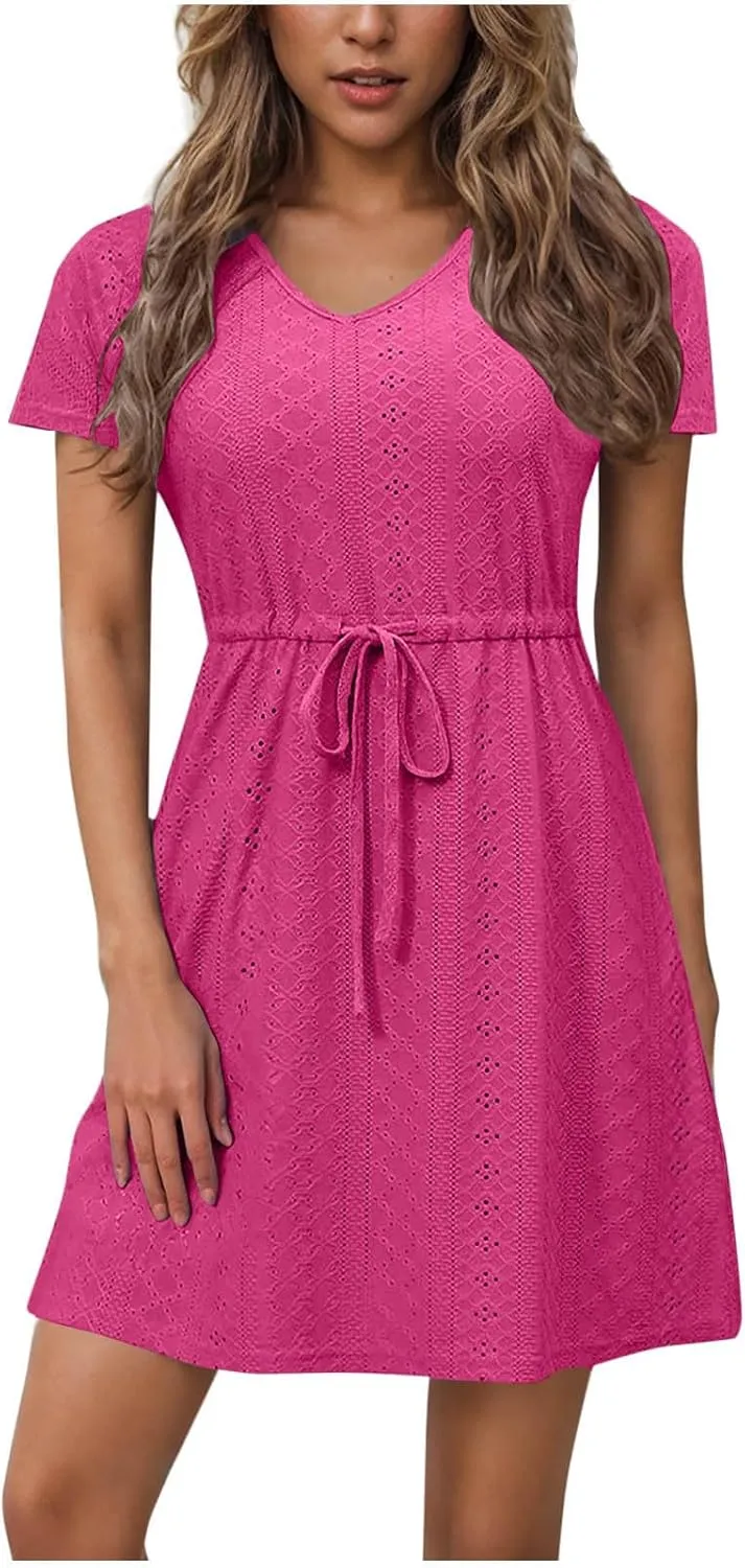 Womens Summer Eyelet Dresses Short Sleeve V Neck Drawstring Waist Dress Casual Swing Mini Dress A Line Wrap Sundress