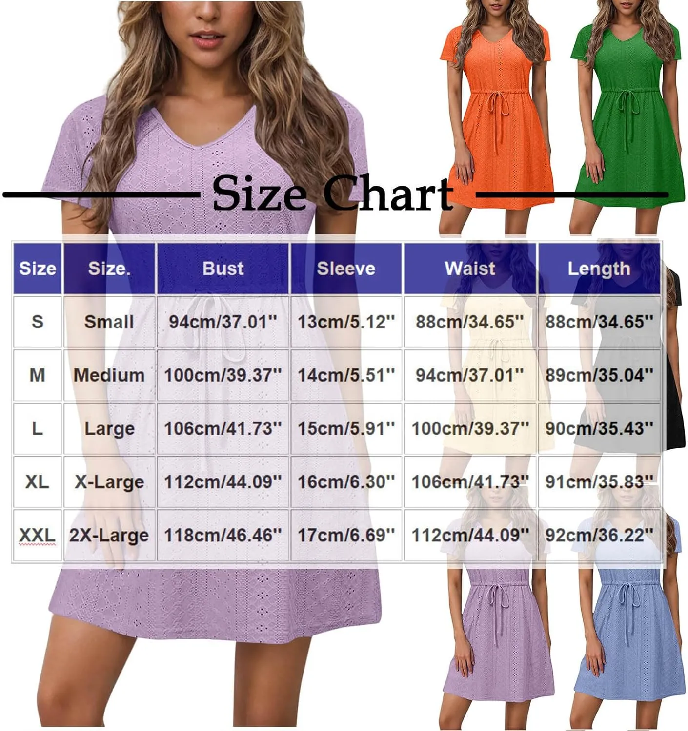 Womens Summer Eyelet Dresses Short Sleeve V Neck Drawstring Waist Dress Casual Swing Mini Dress A Line Wrap Sundress
