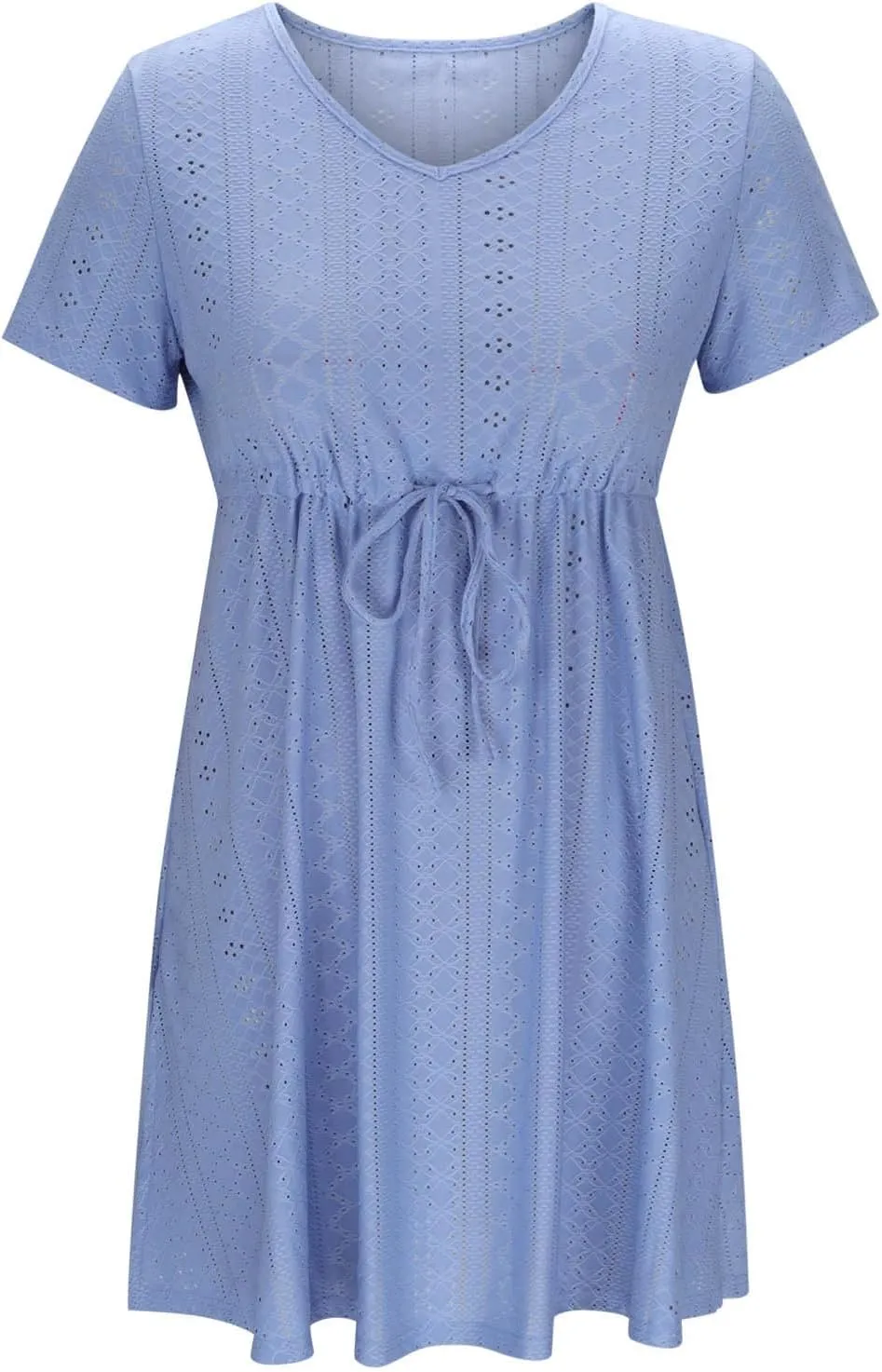 Womens Summer Eyelet Dresses Short Sleeve V Neck Drawstring Waist Dress Casual Swing Mini Dress A Line Wrap Sundress