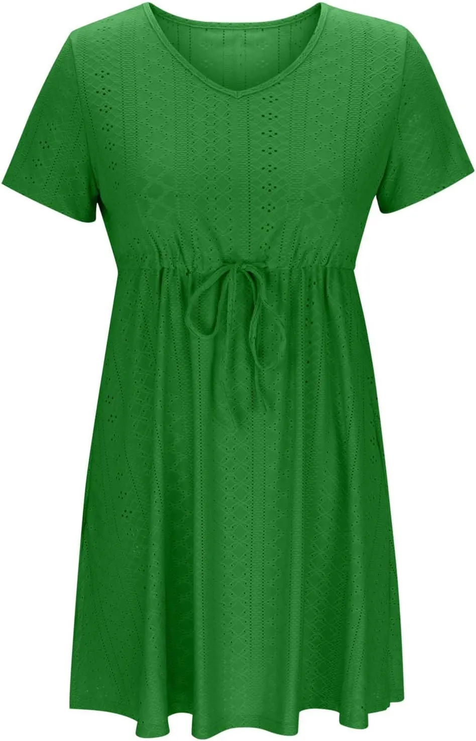 Womens Summer Eyelet Dresses Short Sleeve V Neck Drawstring Waist Dress Casual Swing Mini Dress A Line Wrap Sundress