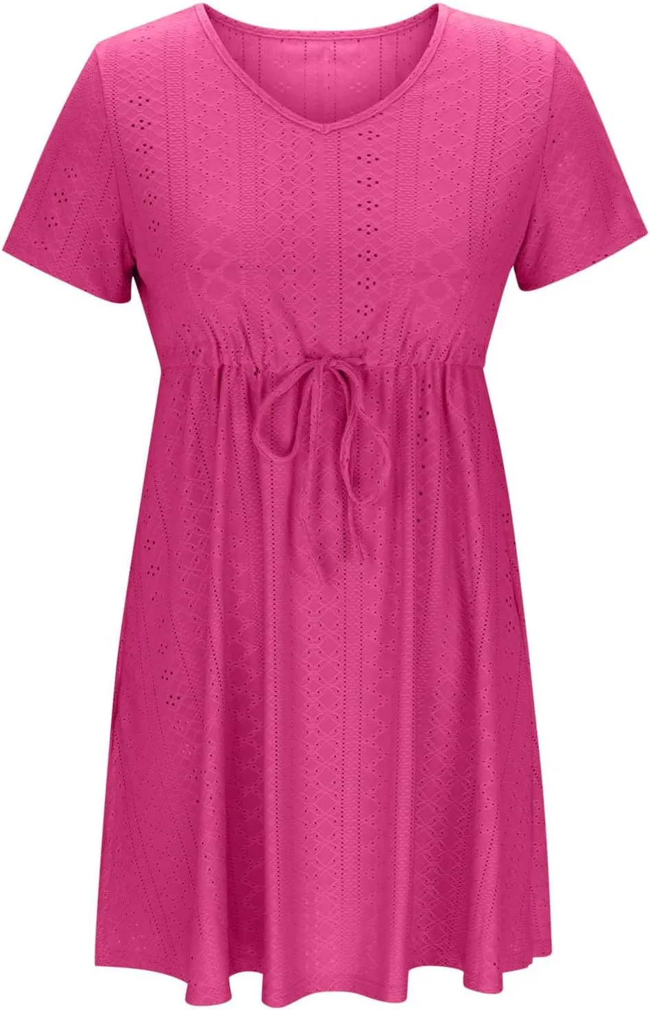 Womens Summer Eyelet Dresses Short Sleeve V Neck Drawstring Waist Dress Casual Swing Mini Dress A Line Wrap Sundress