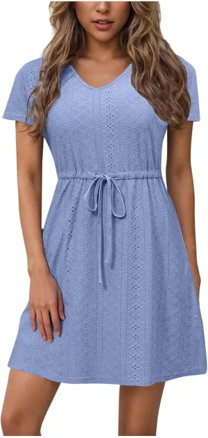 Womens Summer Eyelet Dresses Short Sleeve V Neck Drawstring Waist Dress Casual Swing Mini Dress A Line Wrap Sundress