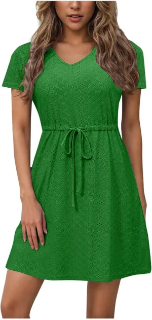 Womens Summer Eyelet Dresses Short Sleeve V Neck Drawstring Waist Dress Casual Swing Mini Dress A Line Wrap Sundress