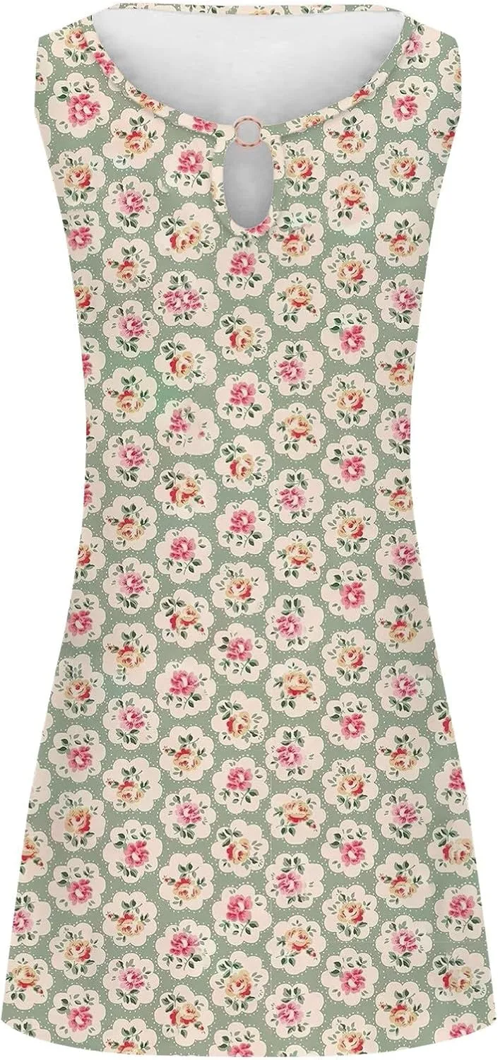 Women's Summer Floral Dress 2025 Keyhole Sleeveless Sundress Casual Boho Trendy Dresses Vacation Outfits