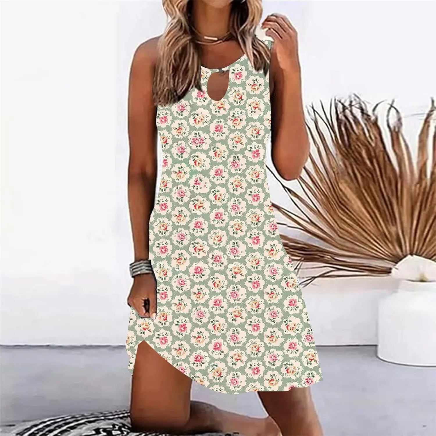 Women's Summer Floral Dress 2025 Keyhole Sleeveless Sundress Casual Boho Trendy Dresses Vacation Outfits