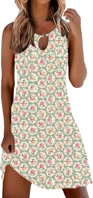 Women's Summer Floral Dress 2025 Keyhole Sleeveless Sundress Casual Boho Trendy Dresses Vacation Outfits