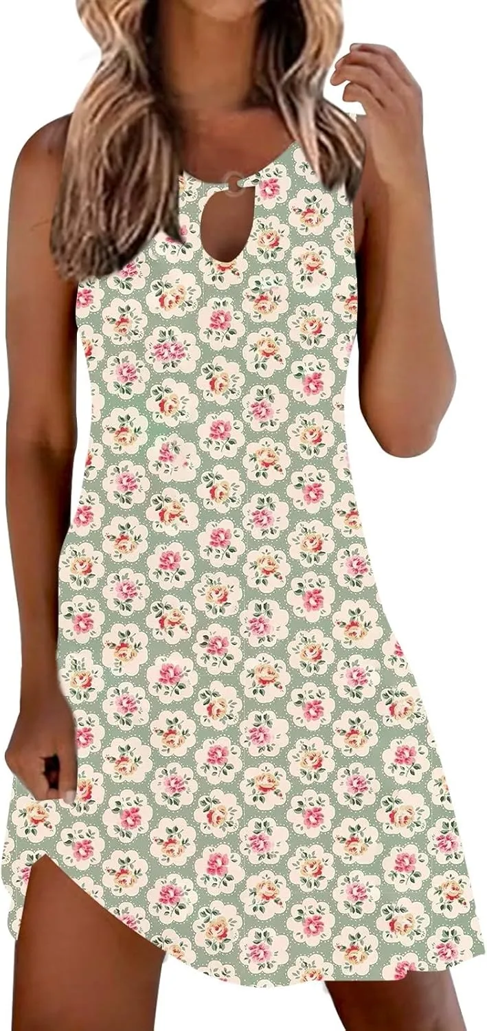 Women's Summer Floral Dress 2025 Keyhole Sleeveless Sundress Casual Boho Trendy Dresses Vacation Outfits