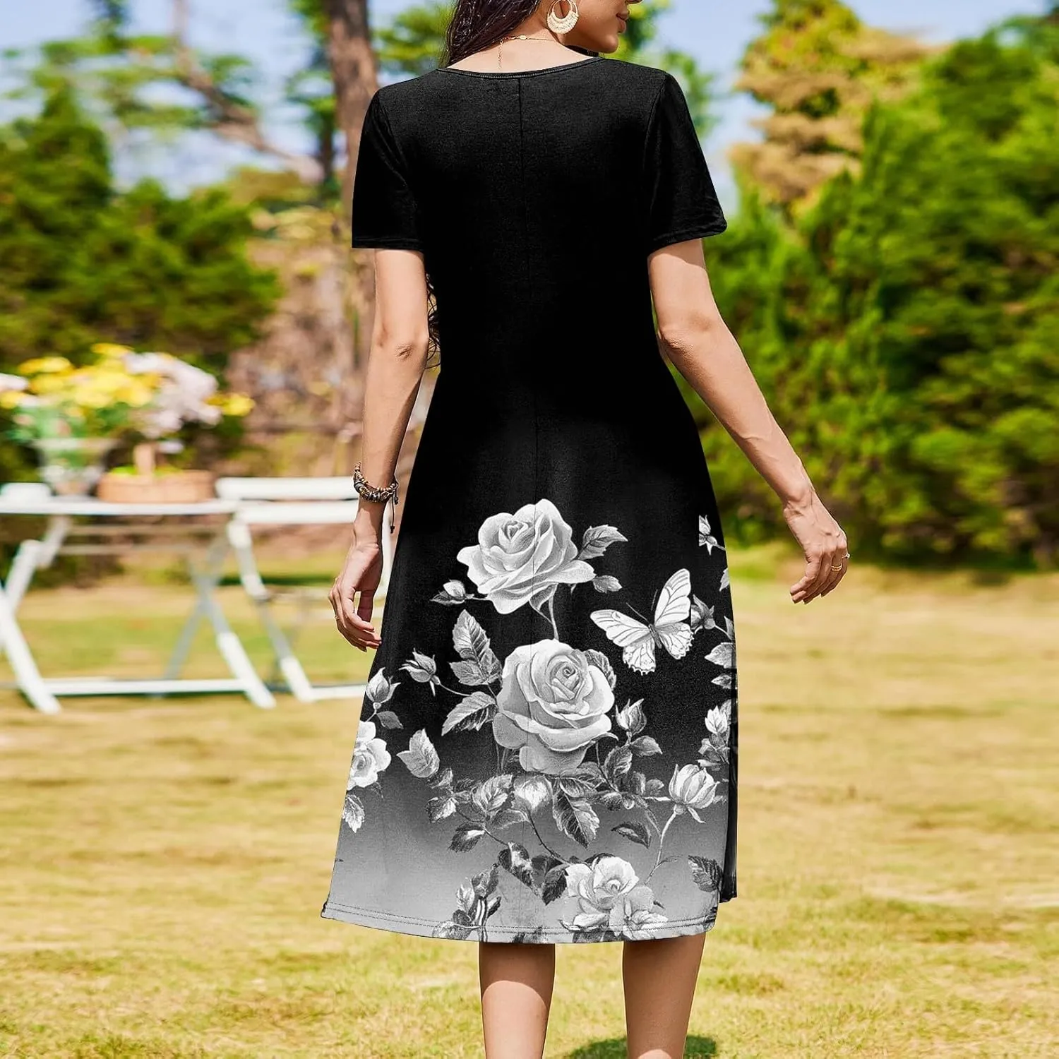 Women's Summer Short Sleeve A-Line Midi Dresses Casual Floral T-Shirt Dress Boho Beach Dresses with Pockets