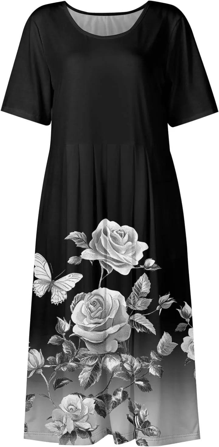 Women's Summer Short Sleeve A-Line Midi Dresses Casual Floral T-Shirt Dress Boho Beach Dresses with Pockets