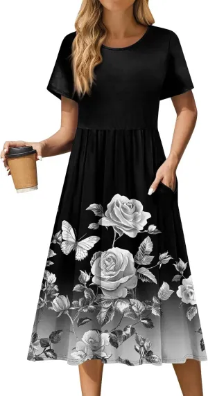 Women's Summer Short Sleeve A-Line Midi Dresses Casual Floral T-Shirt Dress Boho Beach Dresses with Pockets