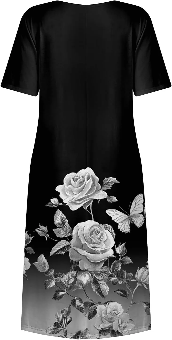 Women's Summer Short Sleeve A-Line Midi Dresses Casual Floral T-Shirt Dress Boho Beach Dresses with Pockets