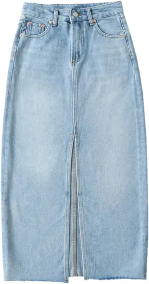Women's Summer Side Slits Long Denim Skirts Casual High Waisted Black Straight Maxi Jean Skirt