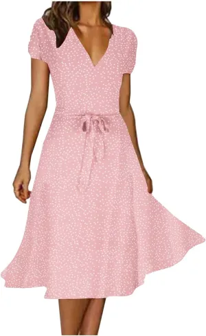 Womens Summer Wrap V-Neck Tie Waist Dress Bandage Boho Print Casual Short Sleeve Maxi Dress Vacation Midi Dress