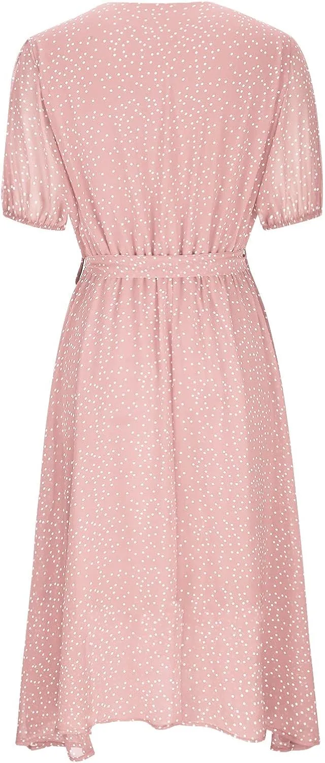 Womens Summer Wrap V-Neck Tie Waist Dress Bandage Boho Print Casual Short Sleeve Maxi Dress Vacation Midi Dress