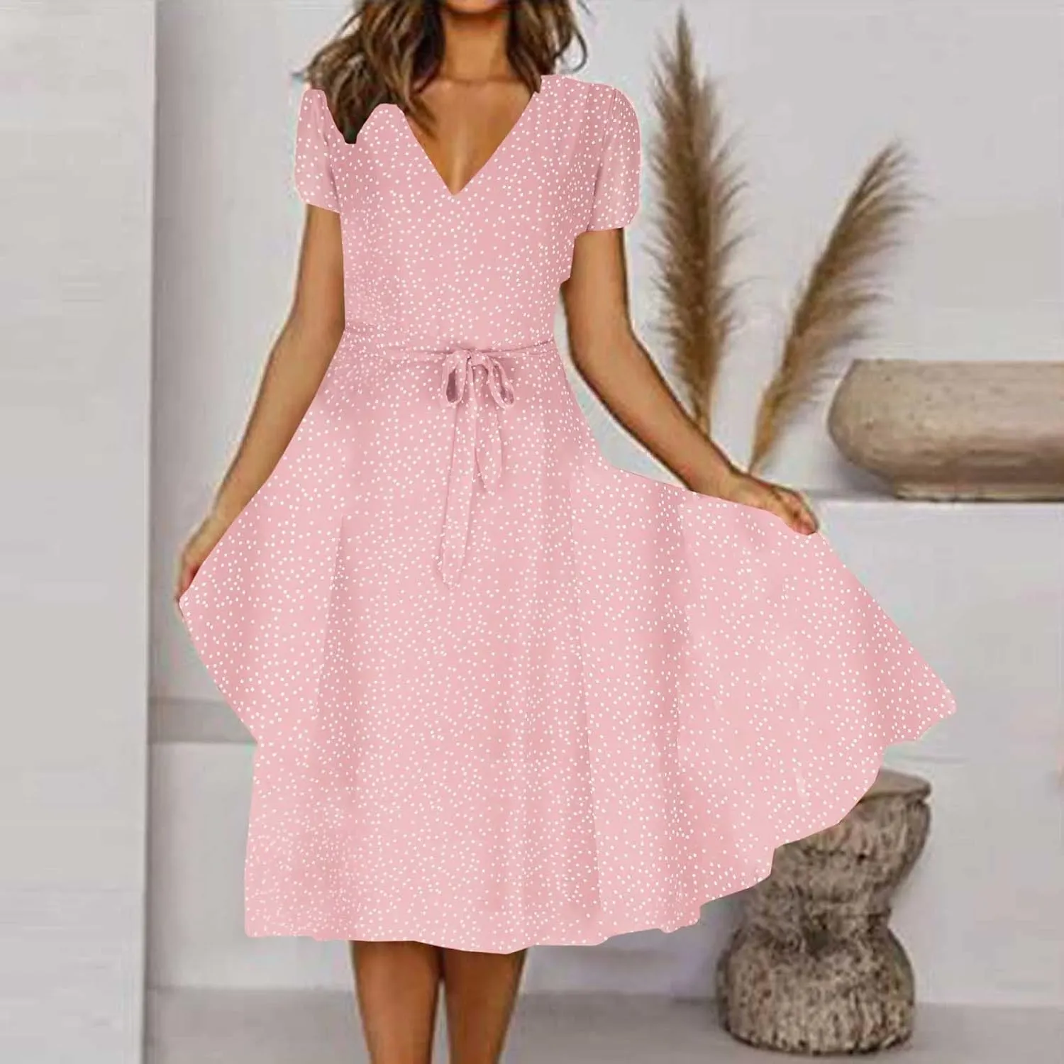 Womens Summer Wrap V-Neck Tie Waist Dress Bandage Boho Print Casual Short Sleeve Maxi Dress Vacation Midi Dress