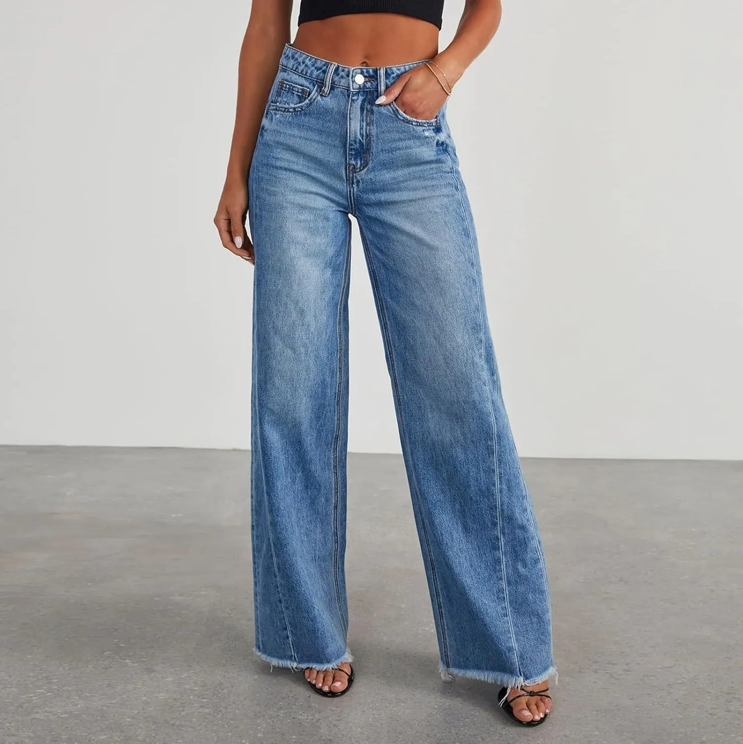 Womens Sweatpants Jeans High Waited Baggy Wide Leg Stretchy Jeans Boyfriend Y2K Loose Fit Denim Pants with Pocket