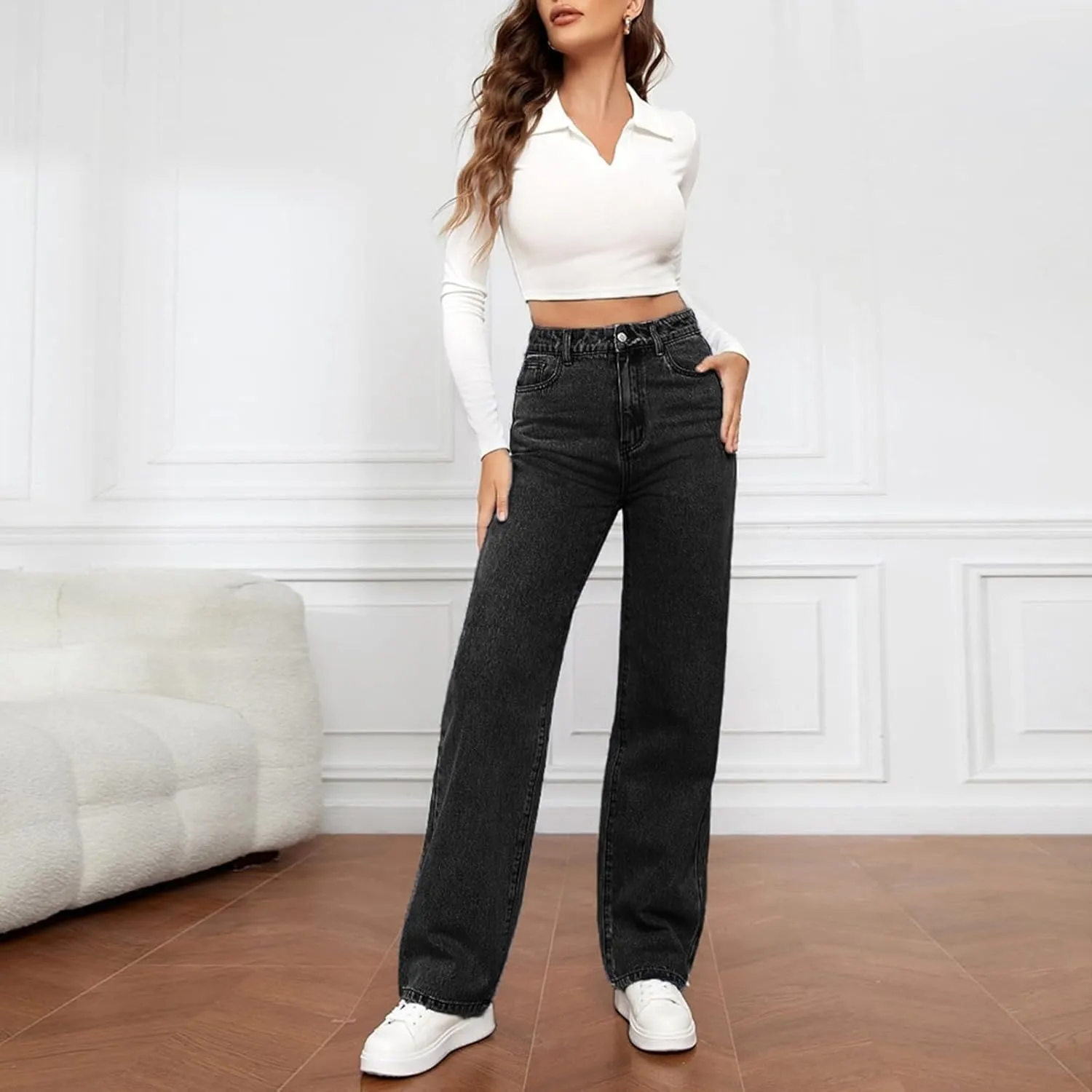 Womens Sweatpants Jeans High Waited Baggy Wide Leg Stretchy Jeans Boyfriend Y2K Loose Fit Denim Pants with Pocket