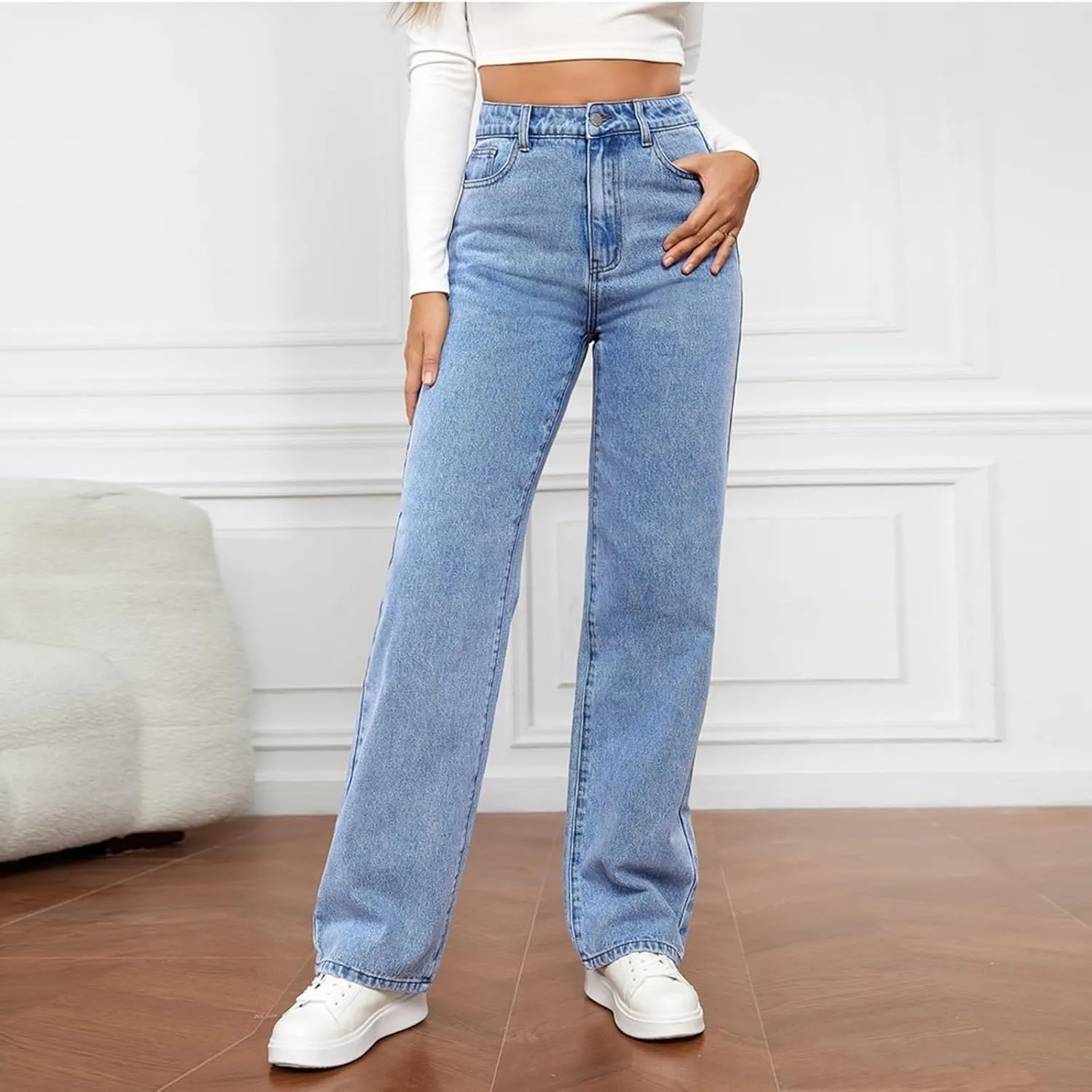 Womens Sweatpants Jeans High Waited Baggy Wide Leg Stretchy Jeans Boyfriend Y2K Loose Fit Denim Pants with Pocket