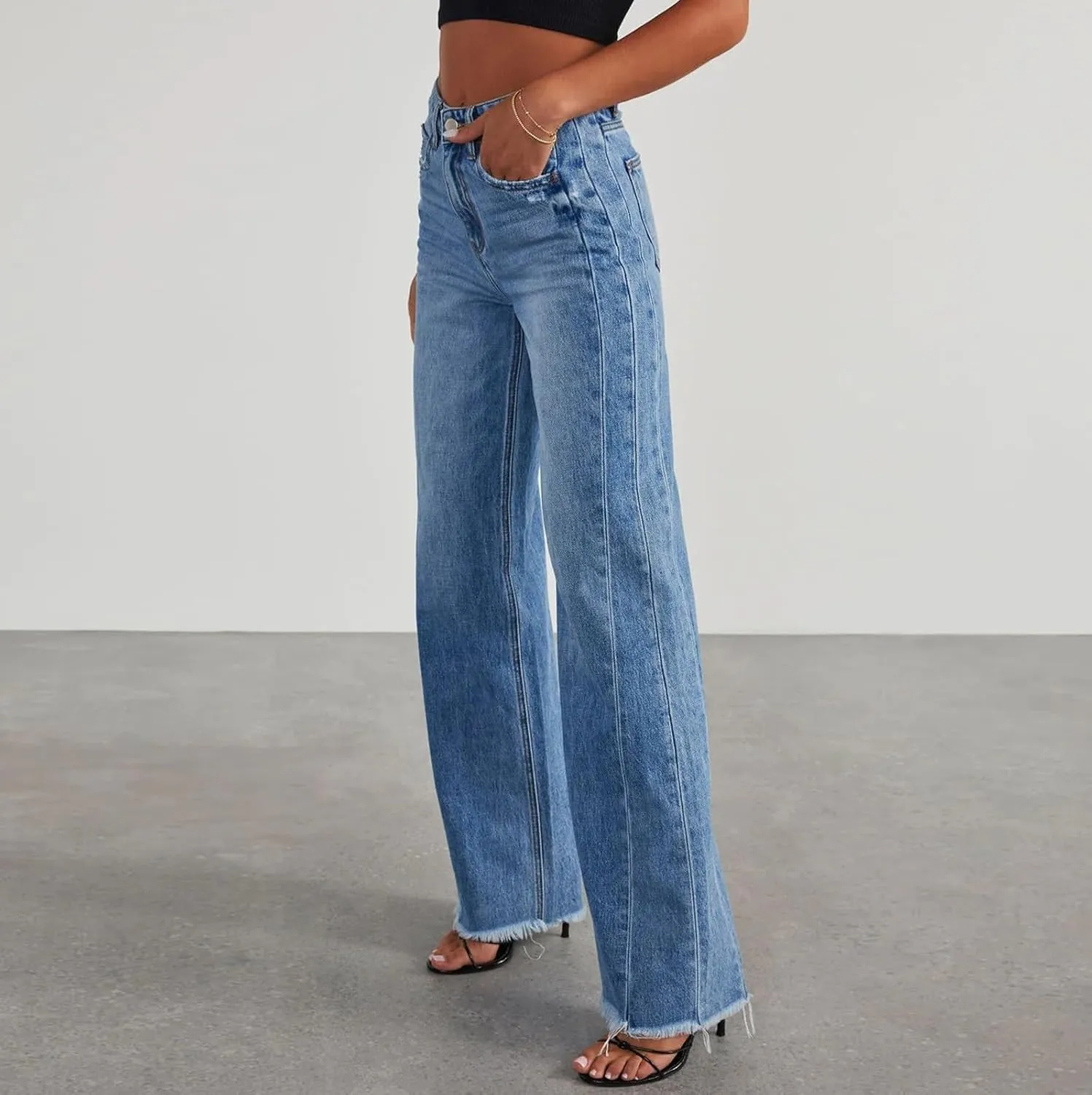 Womens Sweatpants Jeans High Waited Baggy Wide Leg Stretchy Jeans Boyfriend Y2K Loose Fit Denim Pants with Pocket