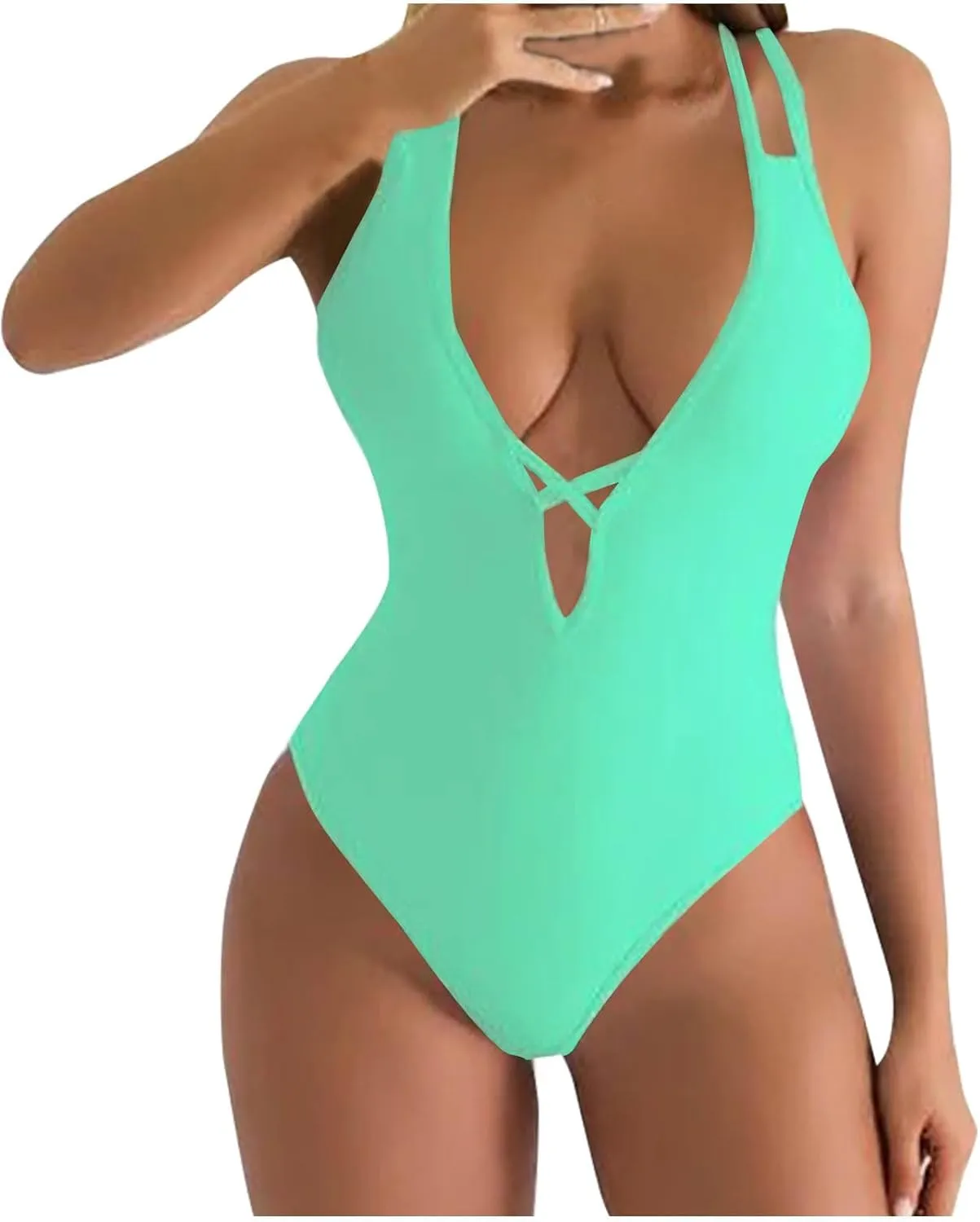 Womens Swimsuits Tummy Control Sexy One Piece Lace Up Straps Bathing Suit Scrunch Butt High Cut Monokini Swimwear