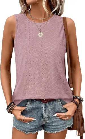 Womens Tank Tops Round Neck Sleeveless Shirts Flowy Loose Fit Basic Casual Eyelet Summer Tops Fashion Tanks