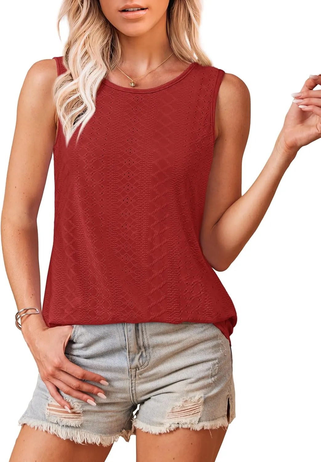 Womens Tank Tops Round Neck Sleeveless Shirts Flowy Loose Fit Basic Casual Eyelet Summer Tops Fashion Tanks