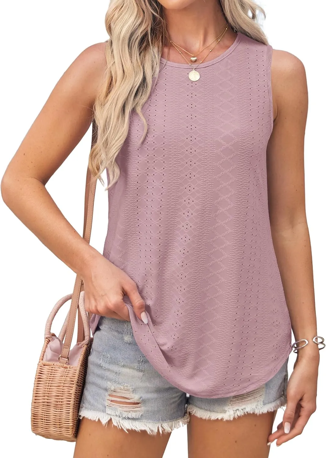 Womens Tank Tops Round Neck Sleeveless Shirts Flowy Loose Fit Basic Casual Eyelet Summer Tops Fashion Tanks