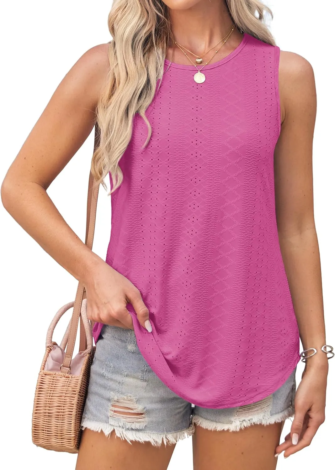Womens Tank Tops Round Neck Sleeveless Shirts Flowy Loose Fit Basic Casual Eyelet Summer Tops Fashion Tanks