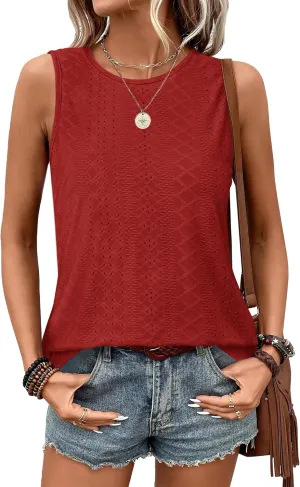 Womens Tank Tops Round Neck Sleeveless Shirts Flowy Loose Fit Basic Casual Eyelet Summer Tops Fashion Tanks