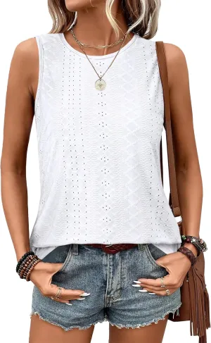 Womens Tank Tops Round Neck Sleeveless Shirts Flowy Loose Fit Basic Casual Eyelet Summer Tops Fashion Tanks
