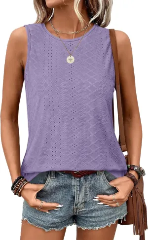 Womens Tank Tops Round Neck Sleeveless Shirts Flowy Loose Fit Basic Casual Eyelet Summer Tops Fashion Tanks