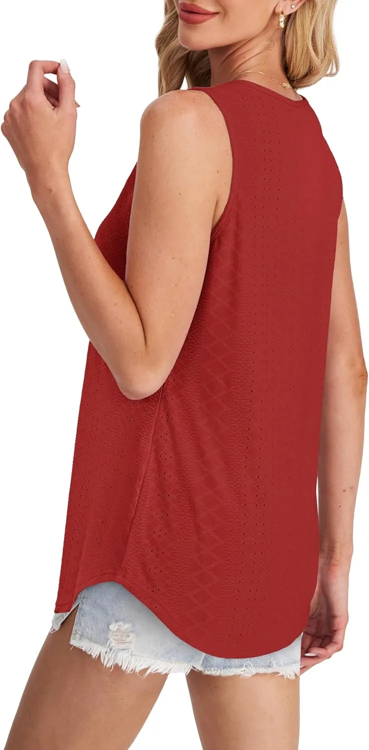 Womens Tank Tops Round Neck Sleeveless Shirts Flowy Loose Fit Basic Casual Eyelet Summer Tops Fashion Tanks