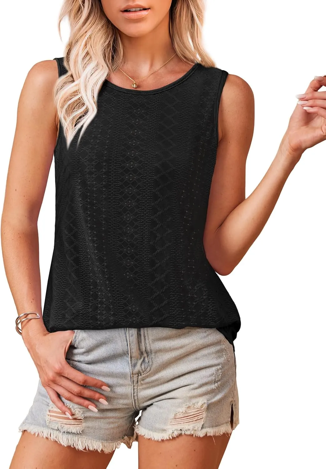 Womens Tank Tops Round Neck Sleeveless Shirts Flowy Loose Fit Basic Casual Eyelet Summer Tops Fashion Tanks