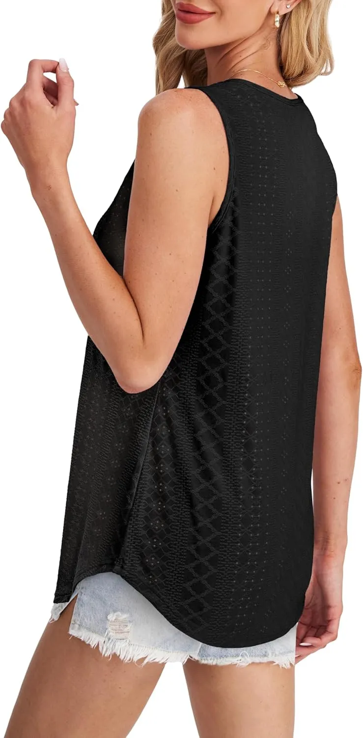 Womens Tank Tops Round Neck Sleeveless Shirts Flowy Loose Fit Basic Casual Eyelet Summer Tops Fashion Tanks