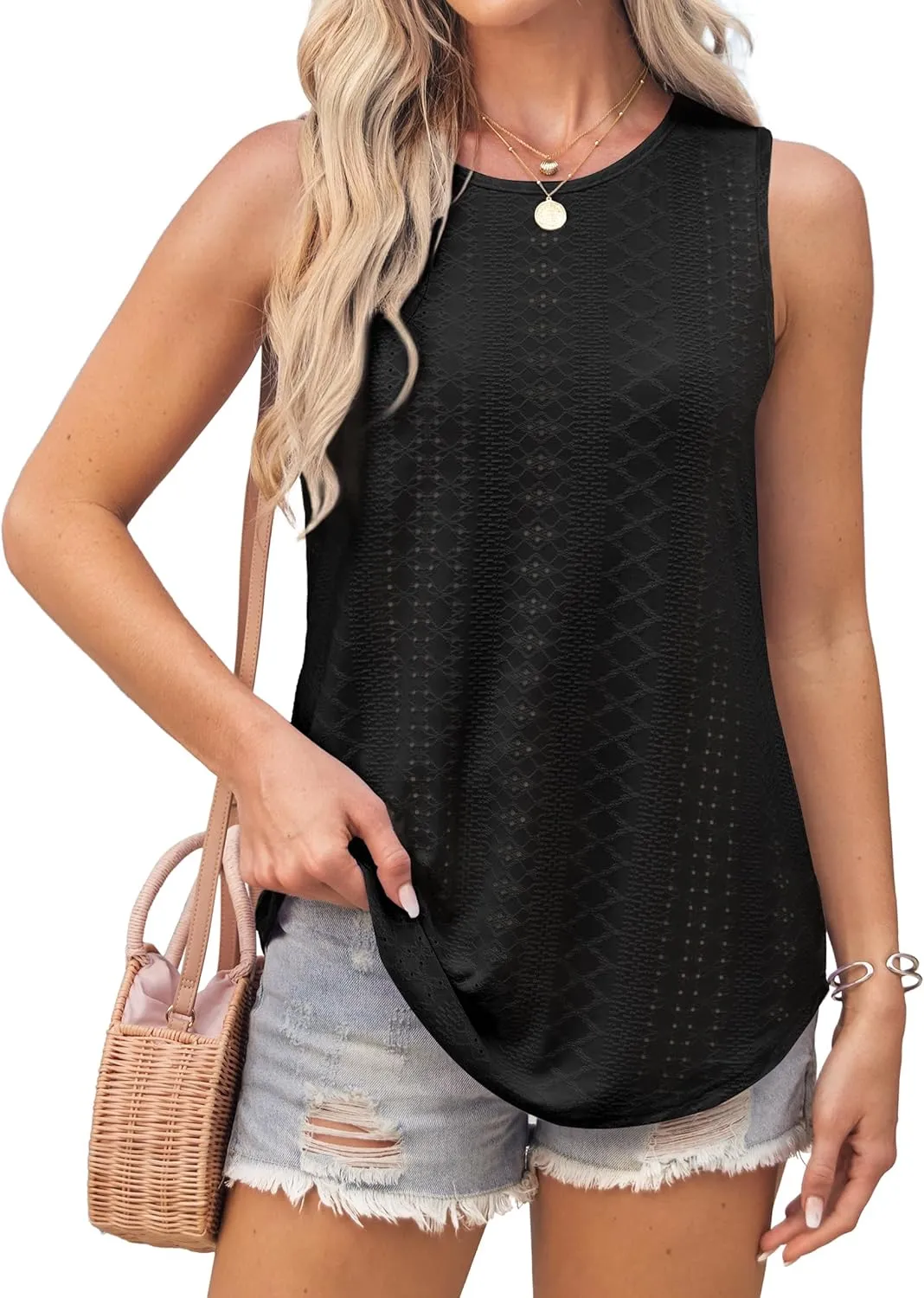Womens Tank Tops Round Neck Sleeveless Shirts Flowy Loose Fit Basic Casual Eyelet Summer Tops Fashion Tanks