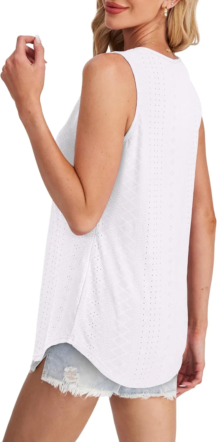 Womens Tank Tops Round Neck Sleeveless Shirts Flowy Loose Fit Basic Casual Eyelet Summer Tops Fashion Tanks